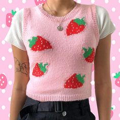 STRAWBERRY VEST on Storenvy Crop Top Styles, Preppy Mode, Pink Sweat, Pull Rose, Sleeveless Sweater Vest, Kawaii Crochet, Knit Outerwear, Concert Outfits, Estilo Preppy