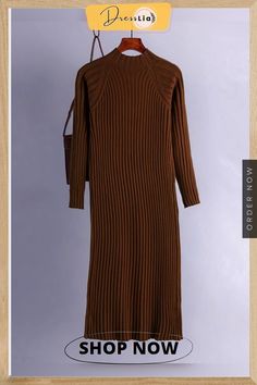 Women Clothing Autumn Winter New Korean Half High Collar Sweater Slim Fit with Underlay Knitted Dress Streetwear White Dress Long Ribbed Sweater Dress For Fall, Brown Knit Sweater Dress For Spring, Brown Ribbed Sweater Dress For Spring, Spring Brown Knit Sweater Dress, Spring Brown Ribbed Sweater Dress, Casual Knitted Brown Dresses, Casual Brown Knitted Dress, Winter Ribbed Brown Sweater Dress, Winter Brown Ribbed Sweater Dress