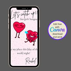 a cell phone with an image of two hearts on it and the text lets catch up fun