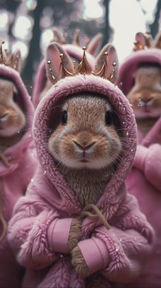 some very cute little animals dressed in pink coats and hoodies with crowns on their heads