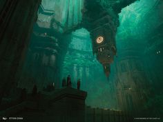 an underwater scene with a clock tower in the middle