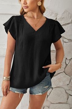 Features: Ruffled Sheer: Opaque Stretch: No stretch Material composition: 100% polyester Care instructions: Machine wash cold. Tumble dry low. Imported Product measurements:S:Top Length 26.77 in, Bust 37.80 in, Sleeve Length 5.20 inM:Top Length 27.56 in, Bust 39.76 in, Sleeve Length 5.31 inL:Top Length 28.35 in, Bust 41.73 in, Sleeve Length 5.43 inXL:Top Length 29.13 in, Bust 44.88 in, Sleeve Length 5.55 in About Us: Welcome to Lizzie's! We hope you find unique pieces you'll love for years! We'v Casual Black Top With Butterfly Sleeves, Casual Black Top With Flutter Sleeves, Trendy Black Flutter Sleeve Tops, Black Ruffle Top With Butterfly Sleeves, Black Ruffled Top With Butterfly Sleeves, Black Butterfly Sleeve Top With Ruffles, Casual Purple V-neck Shirt, Solid Casual T-shirt With Flutter Sleeves, Solid Color Stretch V-neck Short Sleeve Top