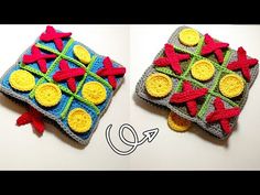 two crocheted squares are sitting on top of each other, one is made with yarn and the other has buttons