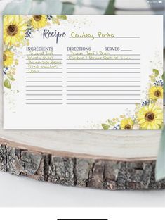 a recipe card with sunflowers on it