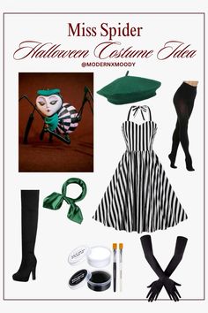 the costume is made up of black and white striped clothing, green hat, gloves, socks