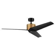 a black ceiling fan with wooden blades on it's blades and a light fixture