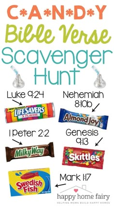 a candy bar poster with the words candy bible verse scavenger hunt on it