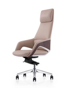 an office chair with wheels and leather upholstered seat, viewed from the front