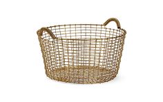 a gold metal basket with handles on the bottom and handlebars in the middle