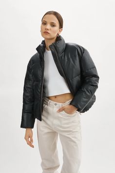 Lamarque Iris Leather Puffer Jacket | Black Women Puffer Jacket, Best Puffer Jacket, Puffer Jacket Outfit, Oversized Puffer Jacket, Leather Puffer Jacket, Outfit Oversize, Leather Puffer, Puffer Jacket Women, White Tee