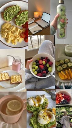 a collage of photos with different foods and beverages in them, including eggs, fruit, bread, juice, water, cell phone