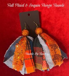 Fall color inspired Fringe Tassels earrings Fall Fringe, Tassels Earrings, Denim Jewelry, Fabric Earrings, Fall Plaid, Earring Ideas, Fall Color, Tassel Fringe, Fringe Earrings