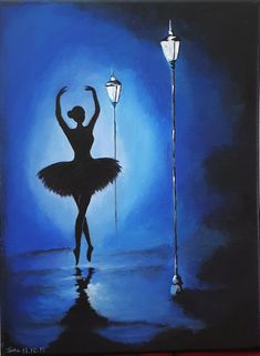 a painting of a ballerina with a street light and lamp post in the background