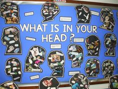 a bulletin board with pictures and words on it that says what is in your head?