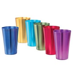 six different colored tumblers lined up next to each other