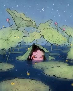 a girl is hiding in the water surrounded by lily pads