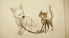 a pencil drawing of two cats and a dog