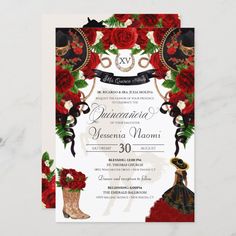 a red and black wedding card with roses on the bottom, and an ornate design