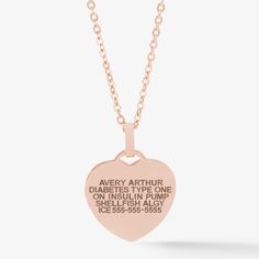 Our Rose Gold Tone Stainless Steel Heart Pendant is a perfect option for women and girls. Custom engrave your pendant with up to 4 lines of your custom engraving. Pendant measures approximately 1 inch in diameter and hangs from an adjustable 21" - 24"  rose tone stainless steel chain. Insulin Pump, Rose Tone, Rose Gold Heart, Engraved Necklace, Engraved Items, Heart Of Gold, Steel Chain, Stainless Steel Chain, Custom Engraving