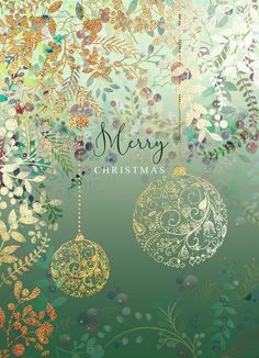 a christmas card with ornaments hanging from it's sides and the words merry written in gold