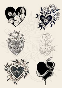 several heart tattoos are shown in black and white