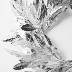 a close up of a leafy metal object on a white surface with black and white background