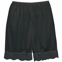 Nylon lace pettipants are just the thing beneath culottes and split skirts. These short pettipants are comfy with longer skirts and pants, too. They reduce static and chafing, offering a smooth look.  Elasticized waist. Specify size: (SM; women’s sizes 6-8), (MED; 10-12), (LG; 14-16), (XL; 18-20), (2XL; 22-24) or (3XL; 26-28). Machine wash. Made in the USA. Short has 8" long inseam. Black Lace Trim Short Bottoms, Black Short Bottoms With Lace Trim, Black Bottoms With Lace Trim, Short Bottoms With Lace Trim For Daywear, Lace Trim Short Bottoms For Daywear, Short Leg Bottoms With Lace Trim For Spring, Stretch Lace Trim Mid-thigh Bottoms, Elegant Lace Bottoms With Elastic Waistband, Stretch Mid-thigh Length Bottoms With Lace Trim