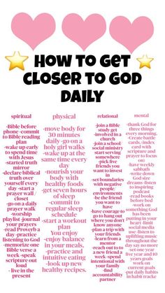 the text how to get closer to god daily on a white background with pink hearts and gold stars