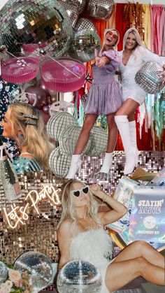 collage of two women dressed in disco outfits and one is holding a mirror ball