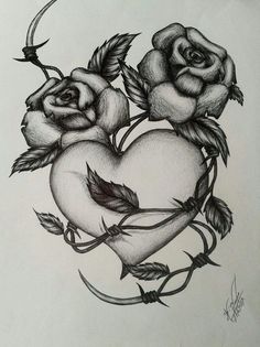 a drawing of three roses in the shape of a heart with an arrow on it