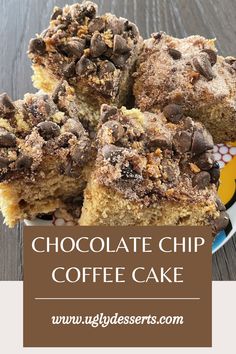 chocolate chip coffee cake on a plate with text overlay