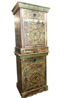 an old wooden cabinet with ornate carvings on the doors and drawers, isolated against a white background