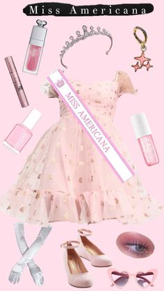 a pink dress and accessories with the words miss america on it