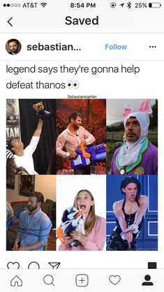 an instagram with pictures of people in costume and text that reads sebasian, legend says they're going to help defat thanos e