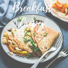 breakfast crepes on a white plate with silverware next to it and the title overlay reads, breakfast crepes