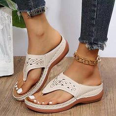 Women's Vintage-Style Beige Suede Slingback Sandals with Cut-Out Design and Cork Sole - Comfortable and Stylish for Summer Wear 2024 - $39.99 Orthopedic Flip Flops, Orthopedic Sandals, Basic Heels, Platform Flip Flops, Summer Wedges, Wedge Flip Flops, Outdoor Slippers, Summer Flip Flops, Sandal Platform