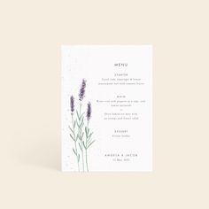 a menu card with lavender flowers on it