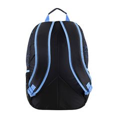 a black backpack with blue trims on the front