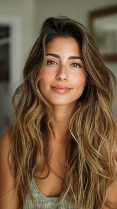 Smiling woman with long wavy hair looking at the camera indoors. Rose Gold Brown Hair Color, Brunette With Honey Highlights, Cold Brunette Hair, Gold Brown Hair Color, Rose Gold Brown Hair, Honey Brunette, Gold Brown Hair