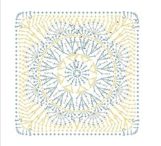 a yellow and blue square with an intricate design on the center, surrounded by small white dots