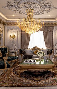 a living room filled with furniture and a chandelier