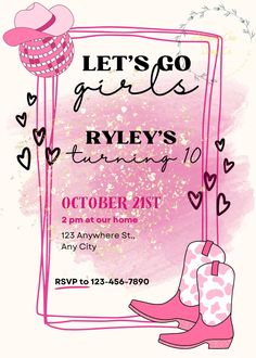 a pink and white flyer for a girls's birthday party with cowboy boots, hearts and