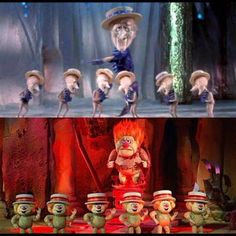 there are many cartoon characters on the same stage as they appear to be performing in different ways