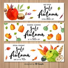 two autumn sale banners with watercolor pumpkins, apples and leaves on wooden background