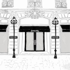 a black and white drawing of a chandelier store front with street signs on it