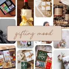 a collage of pictures with gifts, wine bottle and other items in the background