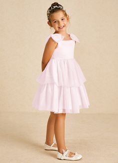 Vanellope showcases a lovely A-line design in matte satin and tulle, featuring a stylish square neckline. Sleeveless and airy, it's perfect for little ones to move gracefully at any celebration. Blush Pink Flower Girl Dress, Pink Flower Girl, Pink Flower Girl Dresses, Military Ball Dresses, Sage Dress, Special Event Dresses, Lace Bride, Tulle Flower Girl, June Wedding