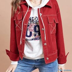 OrcaJump - Stylish Crimson Denim Jacket Casual Red Denim Outerwear, Casual Red Long Sleeve Denim Jacket, Casual Red Cotton Outerwear, Red Denim Jacket With Pockets, Casual Red Denim Jacket For Streetwear, Red Denim Jacket With Pockets For Spring, Casual Red Denim Jacket With Pockets, Casual Red Denim Jacket For Spring, Red Denim Jacket