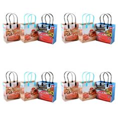 four bags with cars printed on them are shown in three different pictures, one is red and the other is blue