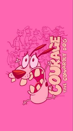 the pink cartoon character is running with his mouth open and tongue out in front of him